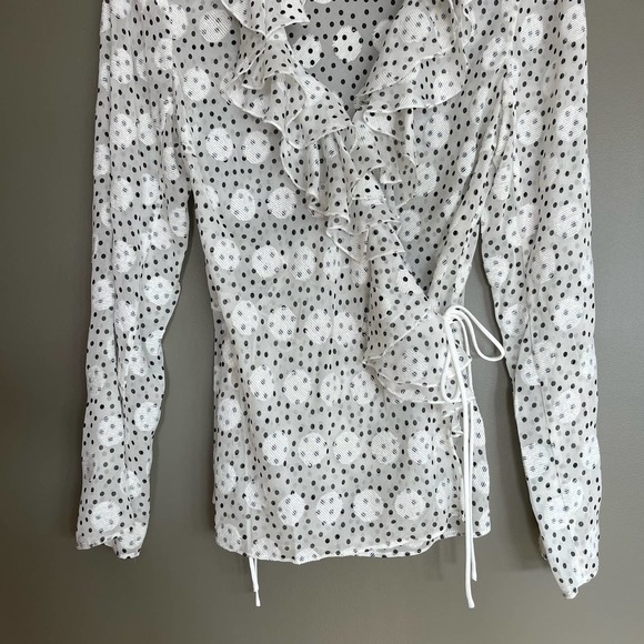 SALONI Iman Silk Wrap Blouse White Black Polka Dot Ruffles Sheer Contemporary - Picture 9 of 16